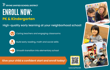 IUSD “Enroll Now: PK & Kindergarten” flyer with young students, key benefits and QR code.